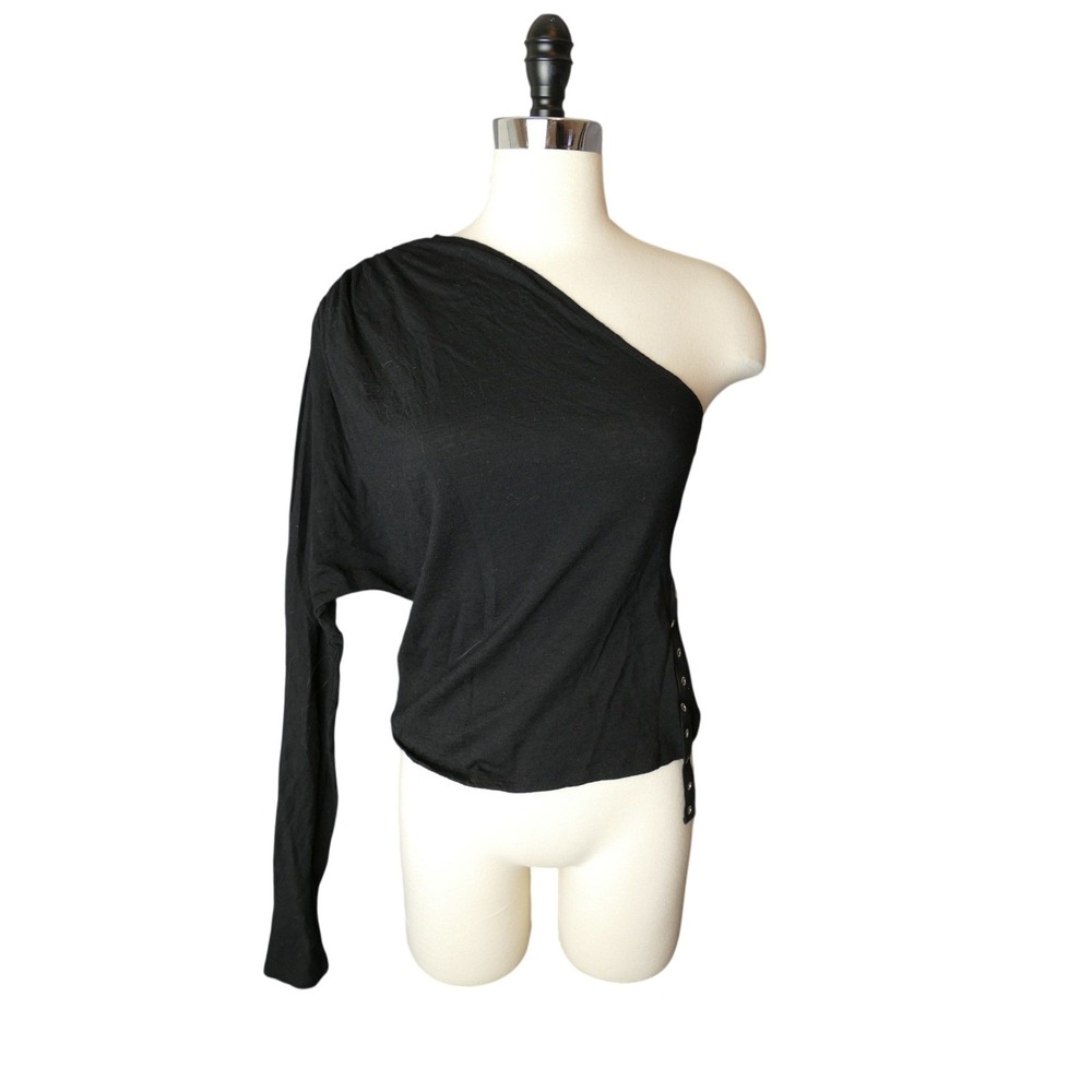 Miaou Womens Black 100% Wool One Shoulder Long Sleeve Grommet Top